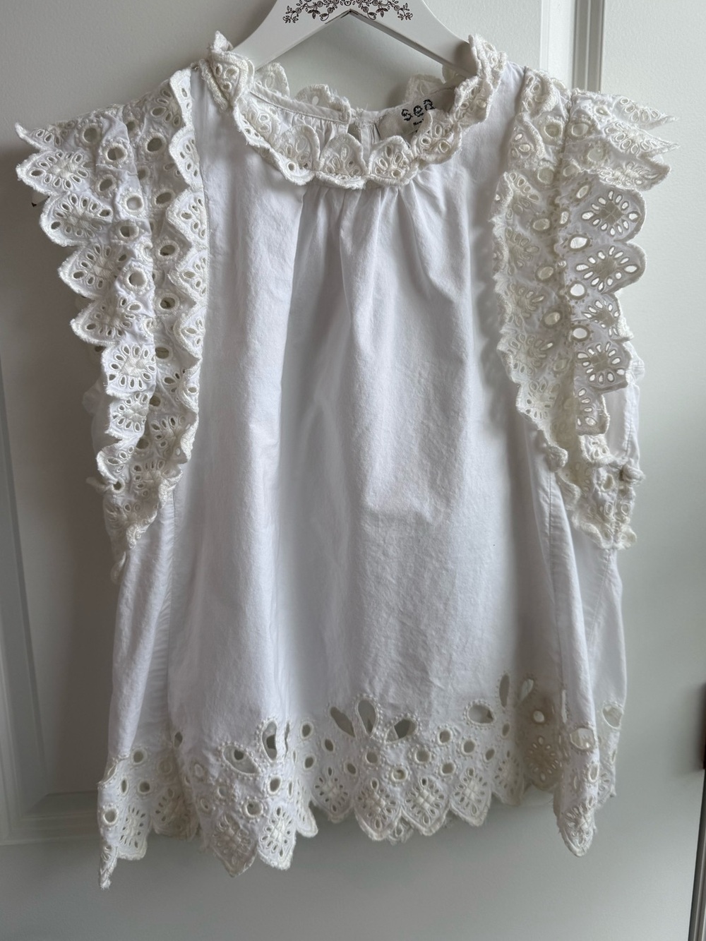 SEA New York Eyelet Blouse Preppy Cottagecore Lace Designer Small Cotton